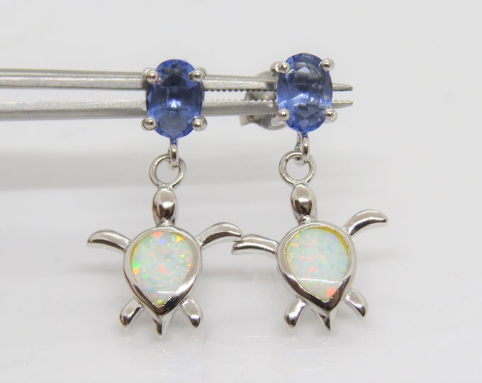 Vintage Sterling Silver Tanzanite & White Opal Turtle Earrings