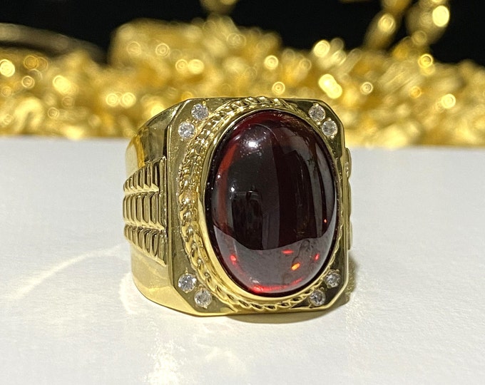 Vintage 15K 610 Yellow Gold Garnet Cabochon Men's Ring Size 8.5