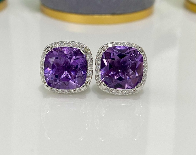 Vintage Sterling Silver 5.50cts Natural Amethyst & White Topaz Earrings.