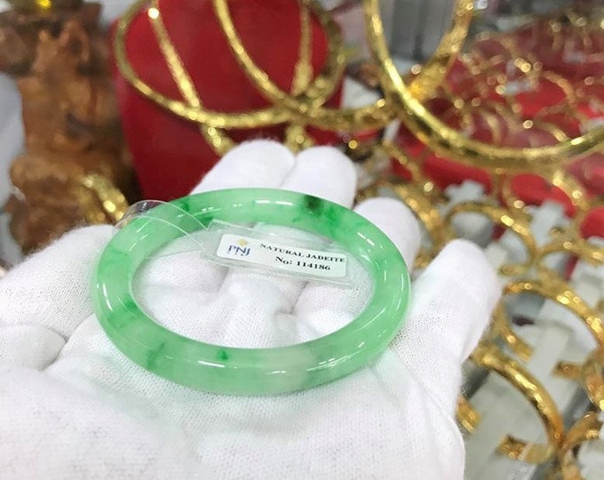 Vintage Translucent Natural Floral Green, White Jadeite Jade Bangle Bracelet 50.5MM