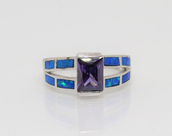 Vintage Sterling Silver Amethyst & Blue Opal  Ring Size 6