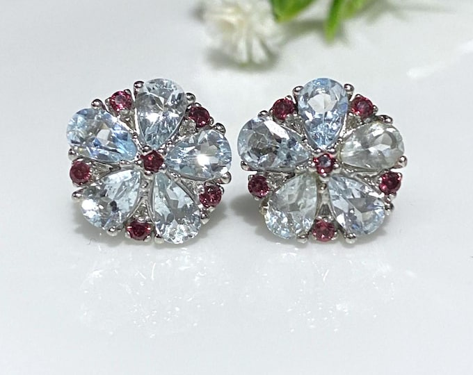 Vintage Sterling Silver Natural Aquamarine & Rhodolite Flower Earrings.