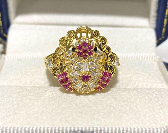 Vintage 15K 610 Solid Yellow Gold Ruby, White Topaz & Black Sapphire Eye's Frog Ring Size 8.5