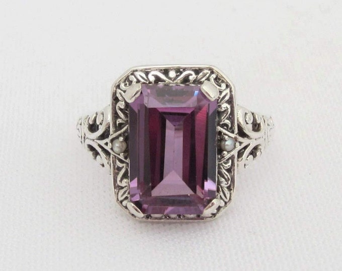 Vintage Sterling Silver Alexandite & Seed Pearl Filigree Ring Size 7