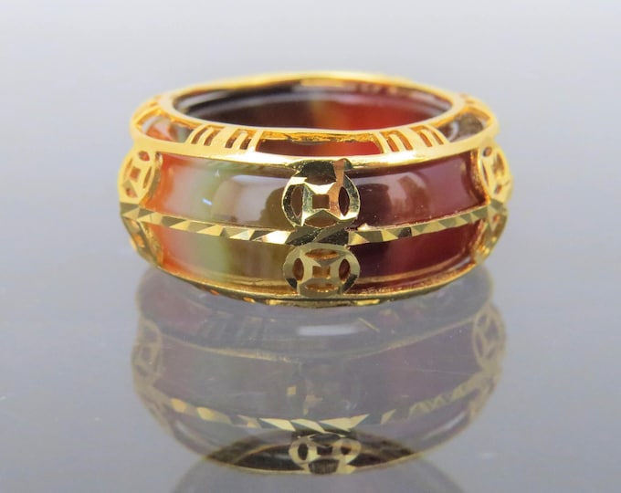 Vintage 18K Solid Yellow Gold Red, White, Brown Agate Diamond cut Money Coin Band Ring Size 9