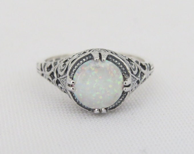 Vintage Sterling Silver White Opal Filigree Ring Size 8