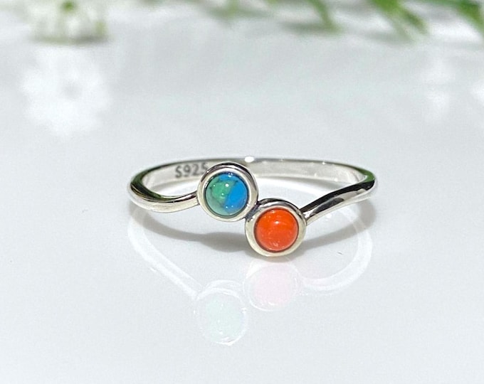Vintage Sterling Silver Turquoise, Coral Thin Band Ring Size 7