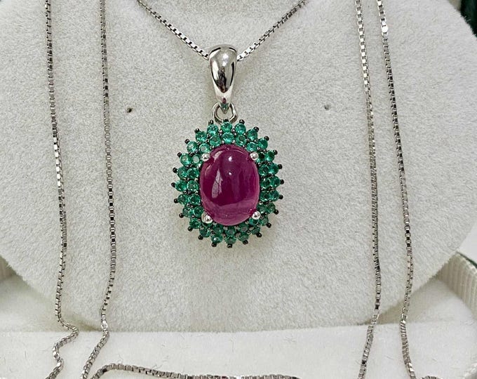 Vintage Sterling Silver Natural Oval cut Ruby & Tsavorite Pendant Chain 18''