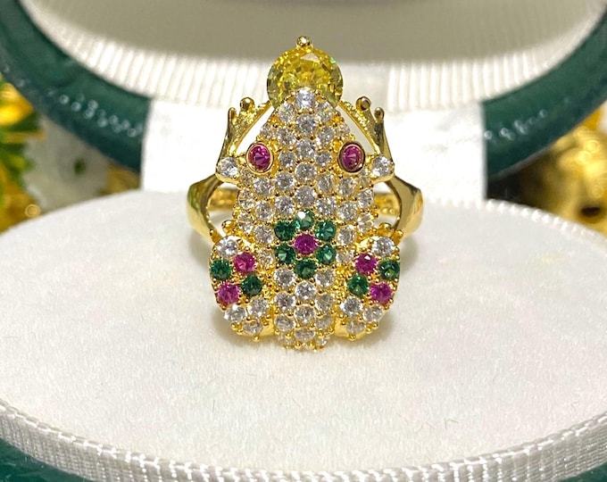 Vintage 15K 610 Solid Yellow Gold Citrine, Emerald, Ruby & White Topaz Frog Ring Size 7