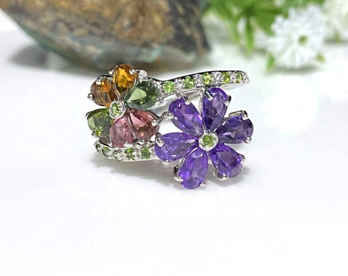 Vintage Sterling Silver Natural Multi Color Tourmaline & Amethyst Flowers Ring Size 7