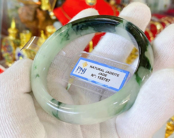 Translucent Natural Green, White & Black Jadeite Jade Vintage Bangle Bracelet 59.1MM