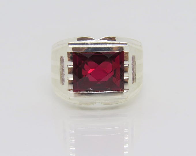 Vintage Sterling Silver Ruby & White Topaz Men's Ring Size 9