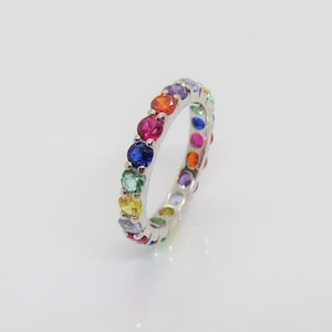 Vintage Sterling Silver Mixed Gemstone Round cut Eternity Band Ring Size 9