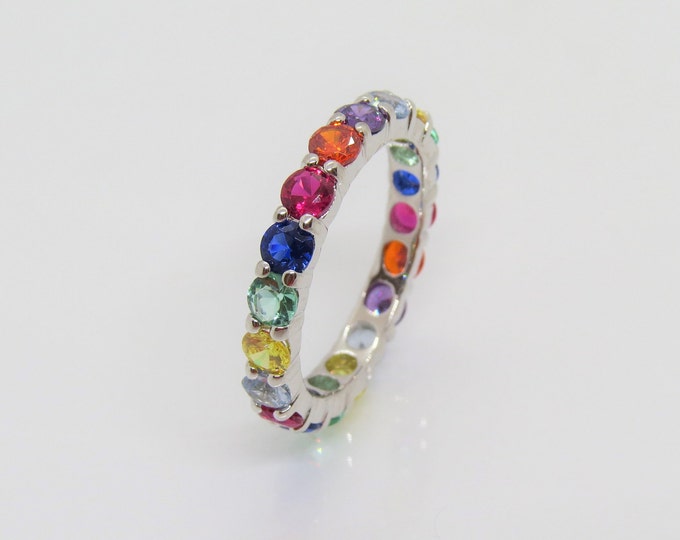 Vintage Sterling Silver Mixed Gemstone Round cut Eternity Band Ring Size 9