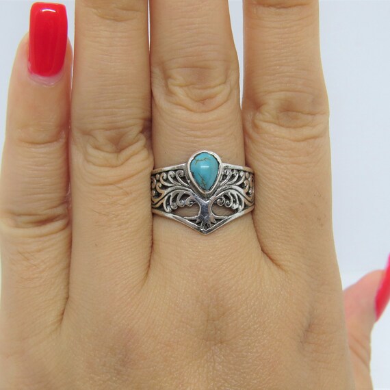 Vintage Sterling Silver Turquoise Tree Dome Ring … - image 6