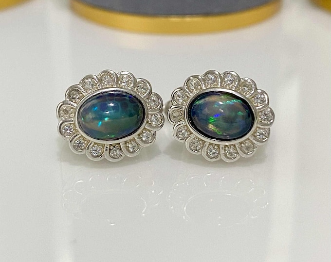 Vintage Sterling Silver Natural Black Opal & White Topaz Earrings.