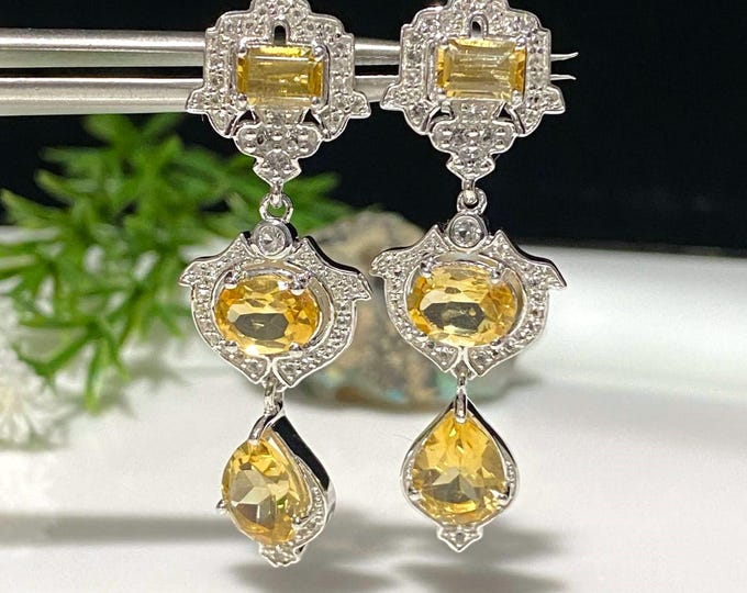 Vintage Sterling Silver Natural Citrine & White Topaz Dangle Drop Earrings.