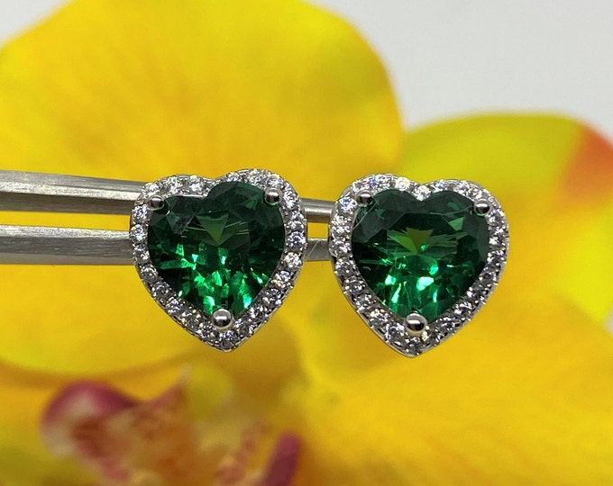 Sterling Silver Heart cut Emerald & White Topaz Earrings.