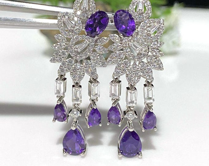 Vintage Sterling Silver Natural Amethyst & White Topaz Dangle Earrings.