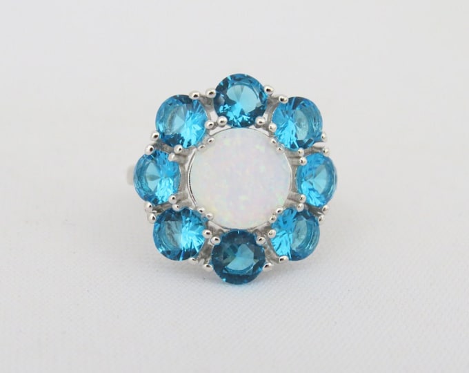 Vintage Sterling Silver White Opal & Blue Topaz Flower Halo Ring Size 9