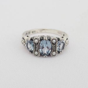 Vintage Sterling Silver Aquamarine & Seed Pearl Ring Size 8