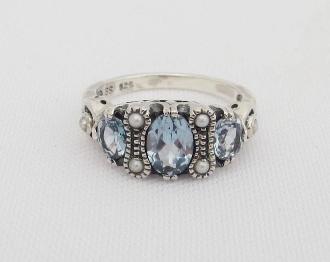 Vintage Sterling Silver Aquamarine & Seed Pearl Ring Size 8