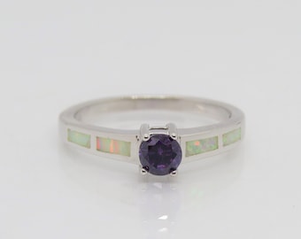 Sterling Silver Amethyst & Opal Solitaire Ring Size 9