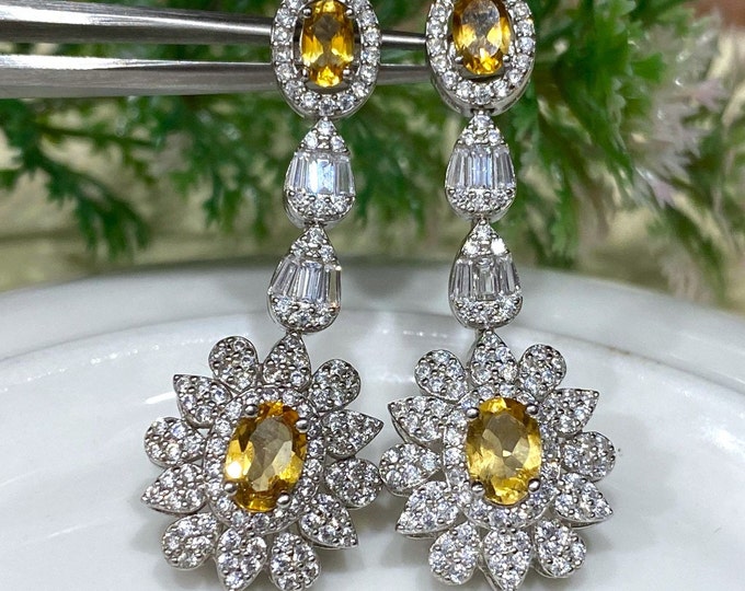 Vintage Sterling Silver Oval Citrine & White Topaz Dangle Drop Earrings.