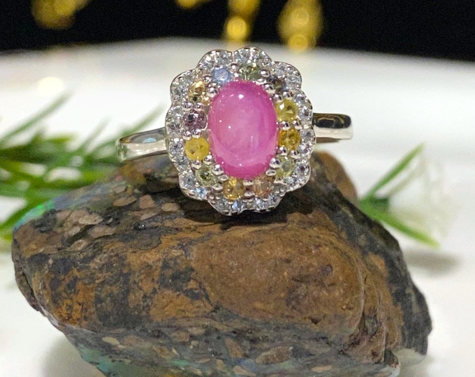 Vintage Sterling Silver Natural Ruby & Multi Color Sapphire Ring Size 7