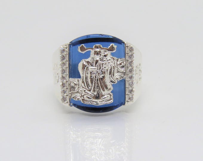 Vintage Sterling Silver Blue Sapphire & White Topaz Mammon Wealth God Unisex Ring Size 8