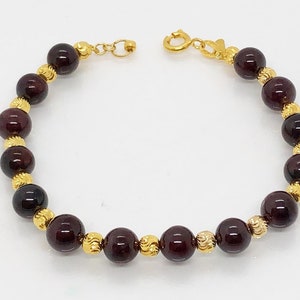 Vintage 18K Solid Yellow Gold Diamond cut Balls Dark Red Garnet Bead Link Chain Bracelet 7 1/2&#39;&#39;