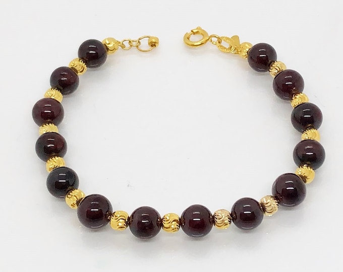 Vintage 18K Solid Yellow Gold Diamond cut Balls Dark Red Garnet Bead Link Chain Bracelet 7 1/2''