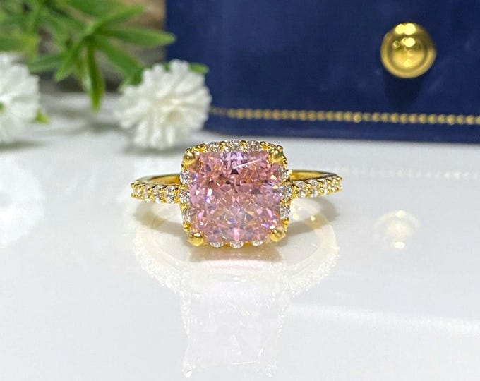 Vintage 15K 610 Solid Yellow Gold Pink Sapphire & White Topaz Halo Ring Size 6