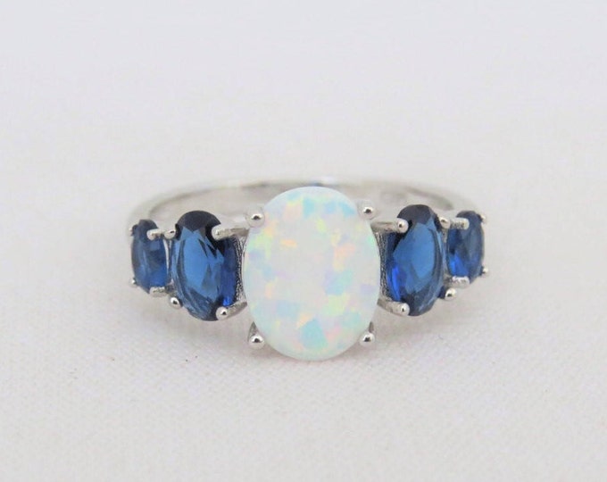 Vintage Sterling Silver White Opal & Blue Sapphire Ring Size 7