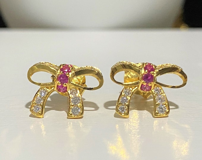 Vintage 18K Solid Yellow Gold Ruby & White Topaz Bow Earrings.