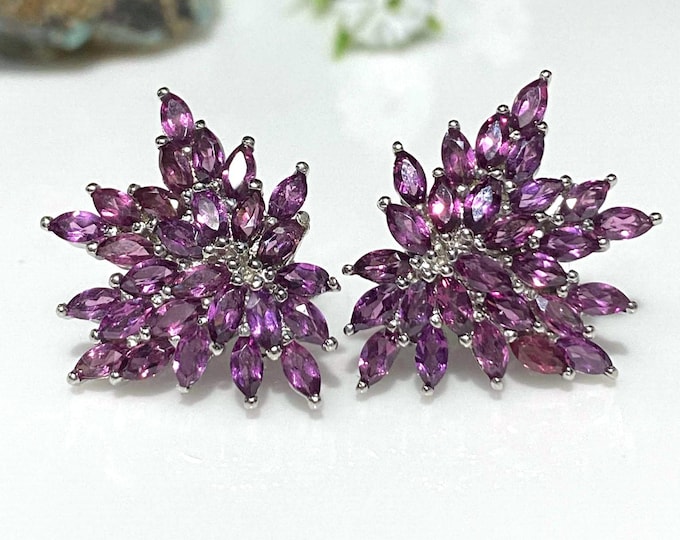 Vintage Sterling Silver Natural Marquise cut Rhodolite Cluster Earrings.