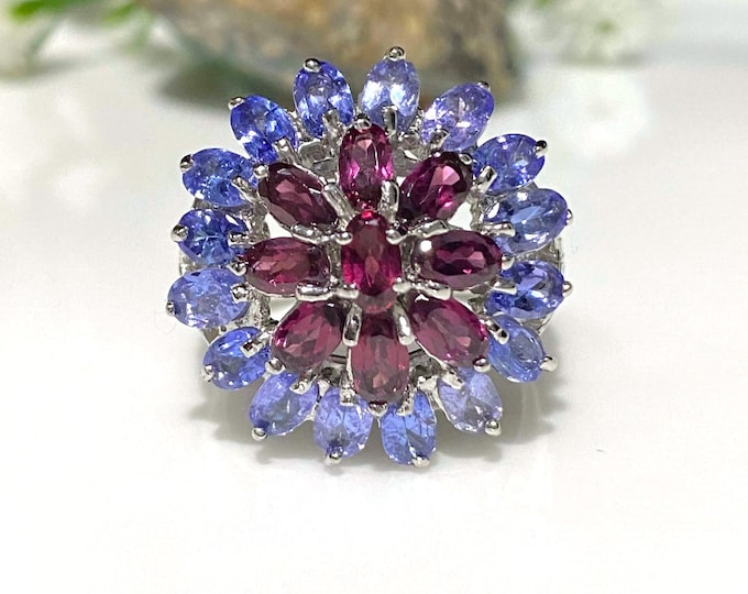 Vintage Sterling Silver Natural Rhodolite & Tanzanite Ring Size 9
