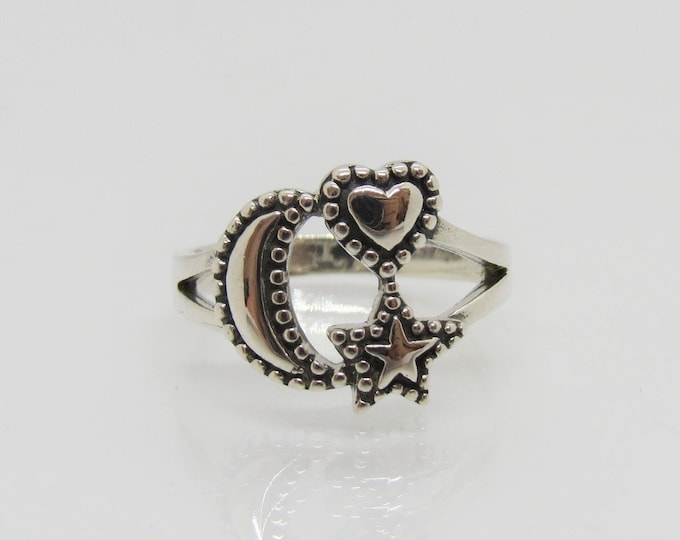Vintage Sterling Silver Moon Star Heart Ring Size 6
