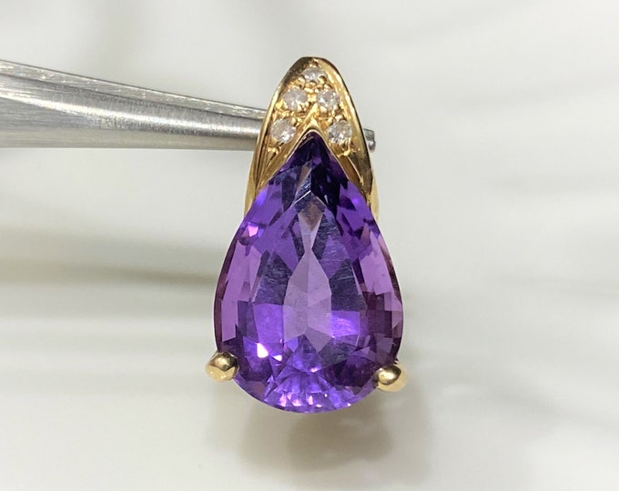 Vintage 14K Solid Yellow Gold 5.48ct Pear cut Natural Amethyst & Diamond Pendant