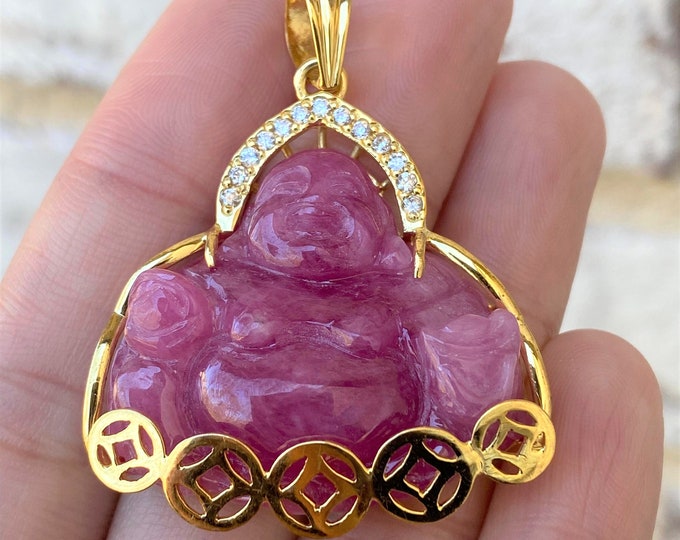 Vintage 18K Solid Yellow Gold 65.20ct Natural Ruby & White Topaz Laughing Buddha, Happy Buddha Money Coin Pendant