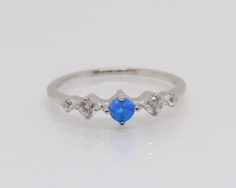 Vintage Sterling Silver Blue Opal & White Topaz Band Ring Size 7