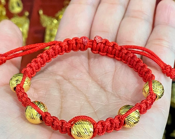 Vintage 24K 9999 Yellow Gold Diamond cut Balls with Red Weave Red, Bracelet.