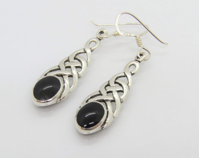 Vintage Sterling Silver Celtic Black Onyx Dangle Earrings