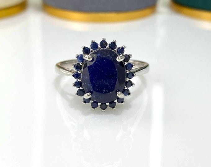 Vintage Sterling Silver Natural Blue Sapphire Ring Size 7 3/4