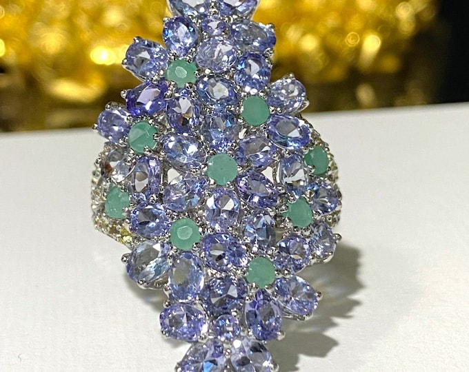 Vintage Sterling Silver Natural Tanzanite, Emerald & Yellow Sapphire Flowers Long Ring Size 8.5