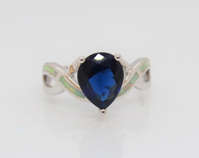 Vintage Sterling Silver Pear cut Blue Sapphire & Opal Celtic Twisted Ring Size 10