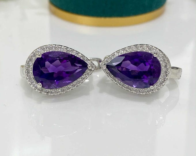 Vintage Sterling Silver Pear cut 6.0cts Natural Amethyst & White Topaz Earrings.