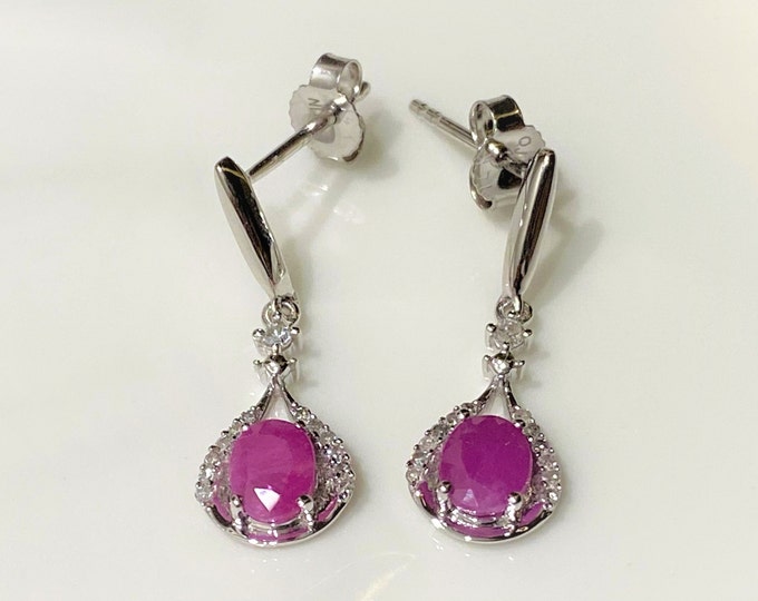 Vintage 14K Solid White Gold Genuine Ruby & Diamond Earrings.