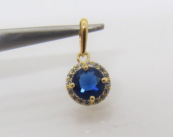 Vintage 14K Solid Yellow Gold Blue Sapphire & White Topaz Halo Pendant