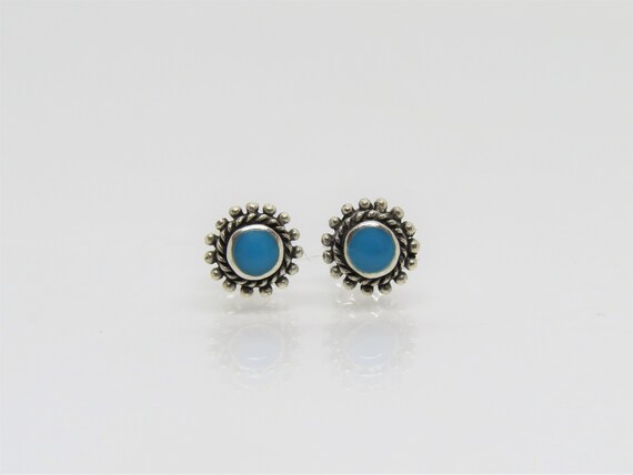 Sterling Silver Gemstone Earrings Beautiful Bali Style Veined Turquoise and Silver Stud Earrings Silver Swirl Stud Earrings Vintage